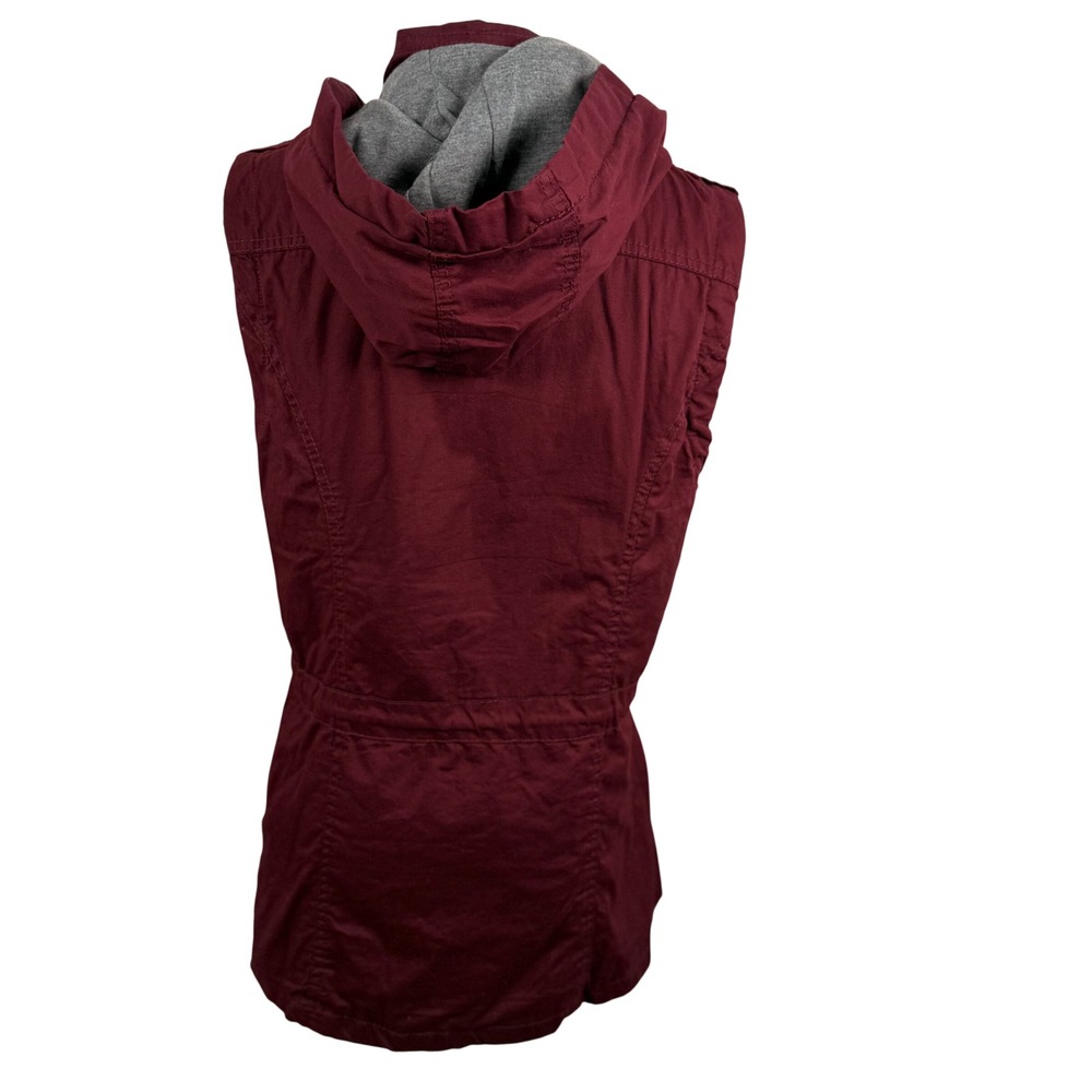 YMI Womens M Utility Vest Burgundy Hooded Drawstring Waist V1460 Gorpcore Cargo - Picture 3 of 9